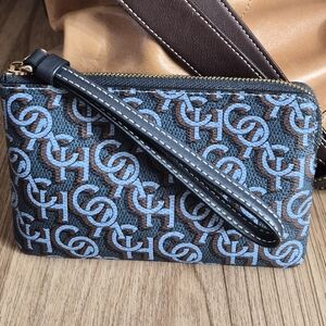 Tan Leather Shoulder Bag with Blue Patterned Pouch